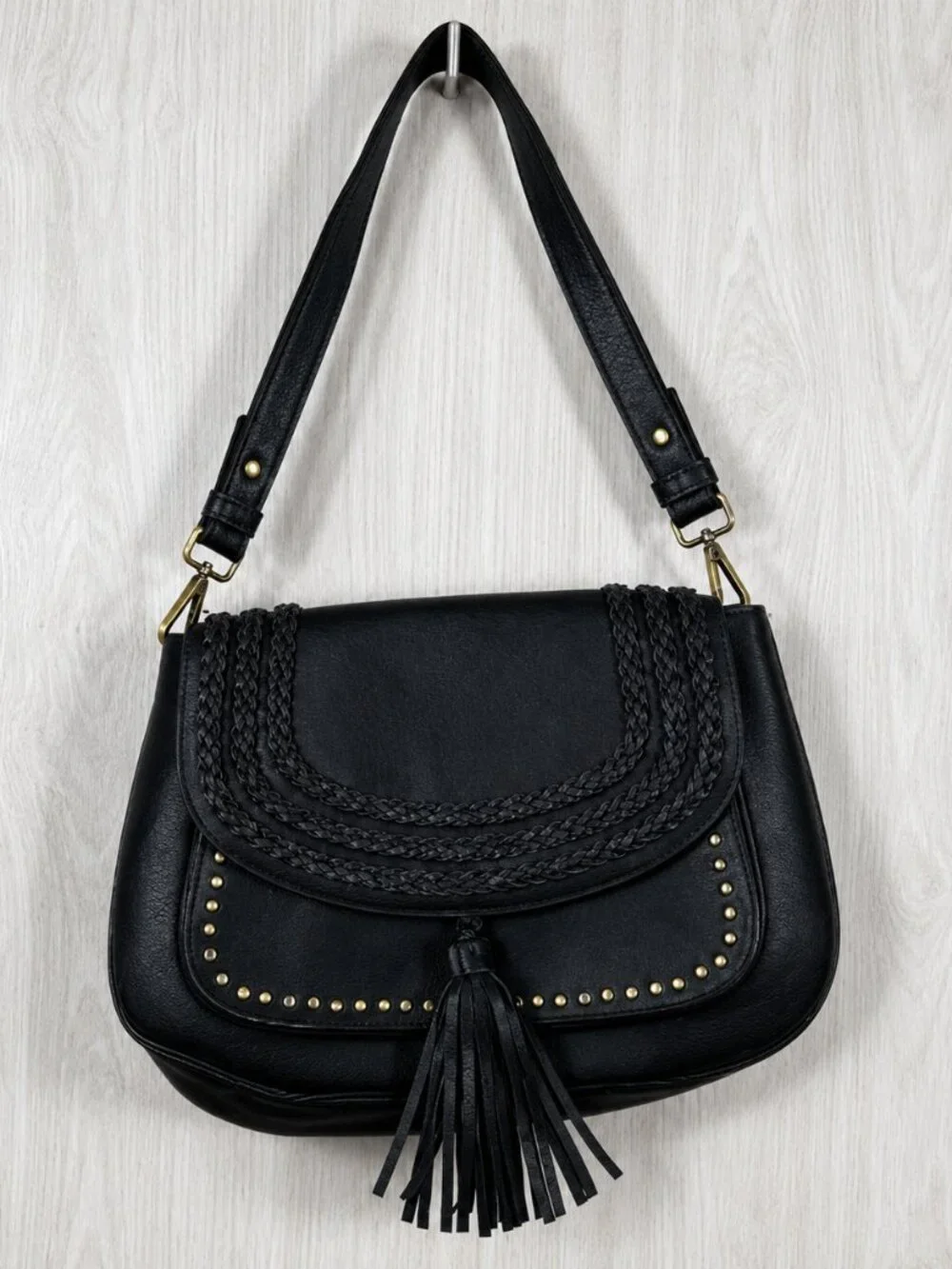 Antik Kraft Lyla Saddle Bag Black Studded‎ Vegan Leather Boho Shoulder Purse